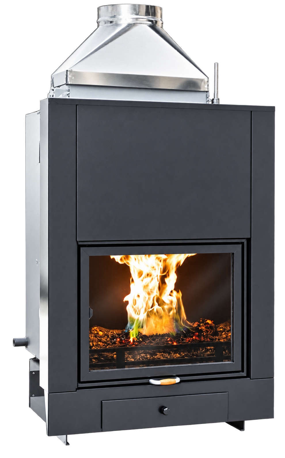 Termocamino policombustibile TAF ECO 60 con porta saliscendi e fiamma accesa