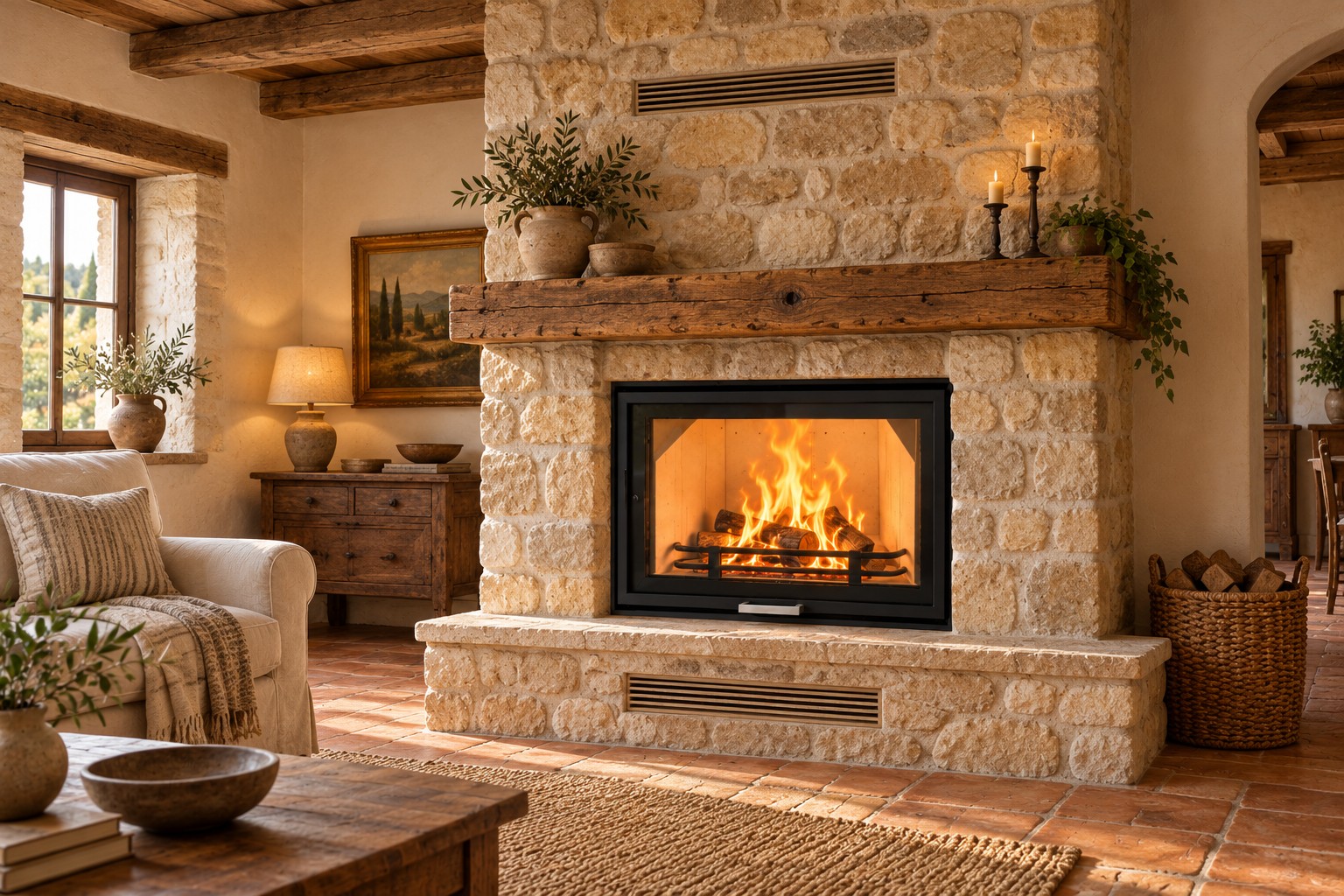 Ambientazione illustrativa del termocamino Geostar rivestito in pietra naturale, con travi in legno e pavimento in cotto