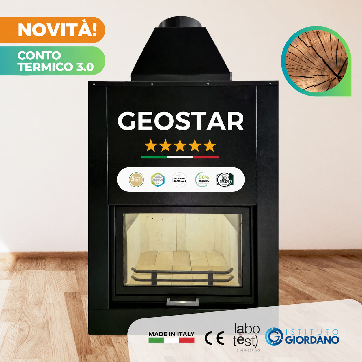 Termocamino a legna GEOSTAR 30, certificazione ambientale 5 stelle